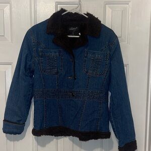 Dark Blue Denim Jacket with Black Fur Trim by QQMY